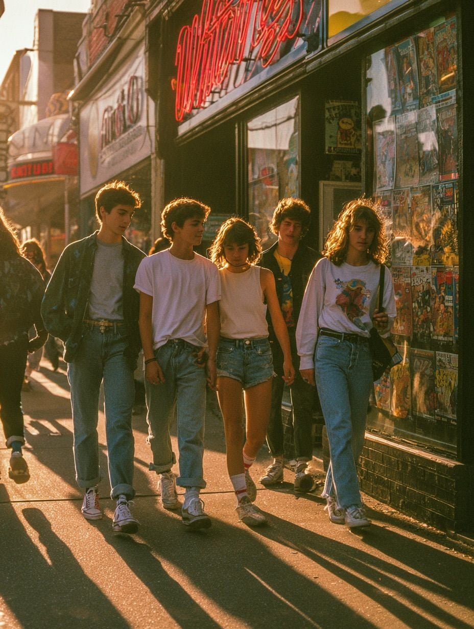 Five teenagers in casual 1980s-style clothes walk down a sunlit city sidewalk beside a shop displaying comic books. Warm light casts long shadows and gives the scene a nostalgic, retro feel.