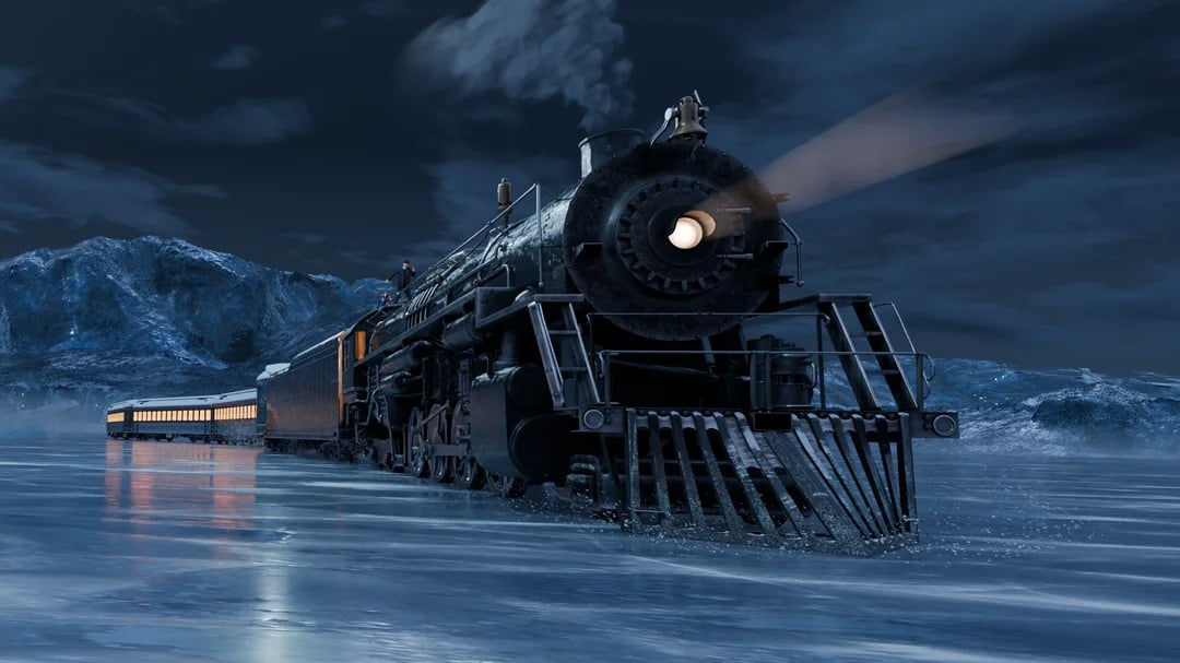 A steam locomotive travels across a frozen, icy landscape at night, emitting smoke and light, with mountains and a dark sky in the background. The train cars are illuminated with warm yellow lights.