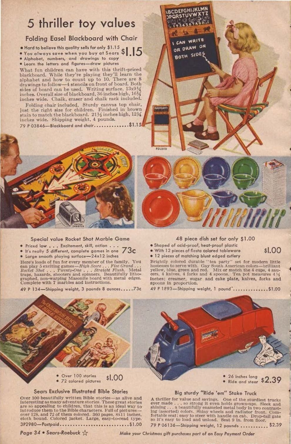 A vintage catalog page displays five children’s toys, including a pinball game, art easel with blackboard, colorful dishes, a marble game, toy Bible stories, and a red ride-on train, each with descriptions and prices.