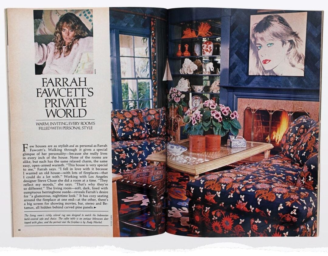 A magazine spread shows a cozy living room with patterned blue and orange sofas, a floral rug, a fireplace, bookshelves, plants, and a large portrait of a woman. A text section features an image of Farrah Fawcett and article details.