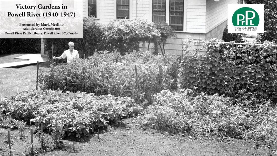 A black-and-white photo shows a woman standing in a lush vegetable garden beside a house. Text in the upper left reads, "Victory Gardens in Powell River (1940-1947)." Powell River Public Library logo is in the top right.