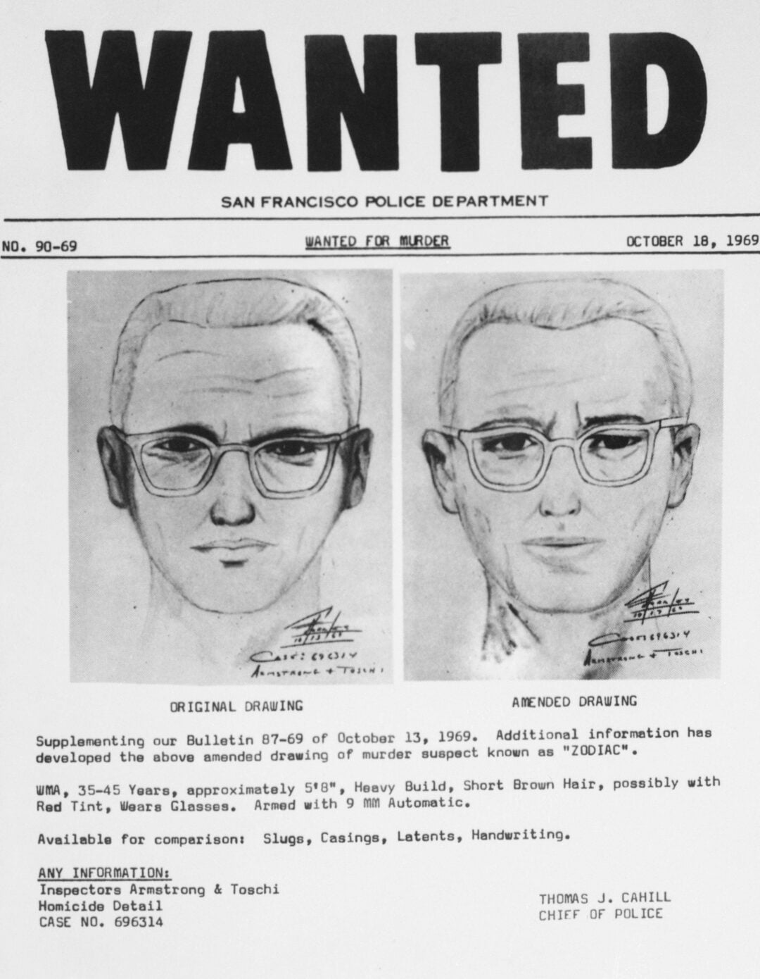 A San Francisco Police Department wanted poster from 1969 features two composite sketches of the "Zodiac" murder suspect, including a description, case number, and contact details for homicide inspectors.