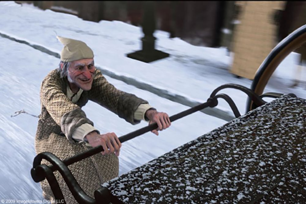 An elderly man in a nightcap and robe pushes a large, snow-dusted bed frame through a snowy street, smiling excitedly. The scene has a wintry atmosphere and an animated, whimsical style.