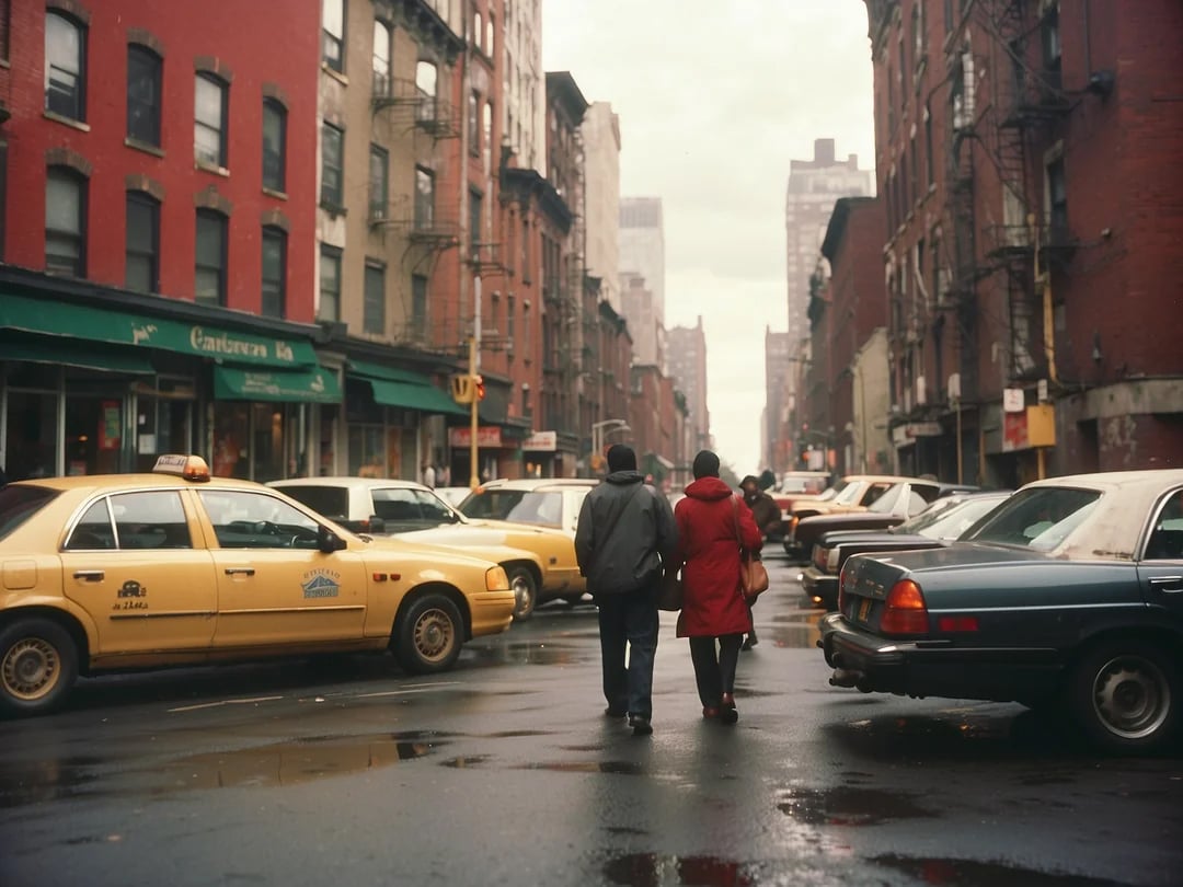 Two people walk arm-in-arm down a wet city street lined with parked cars and taxis, surrounded by tall brick buildings on a cloudy day.