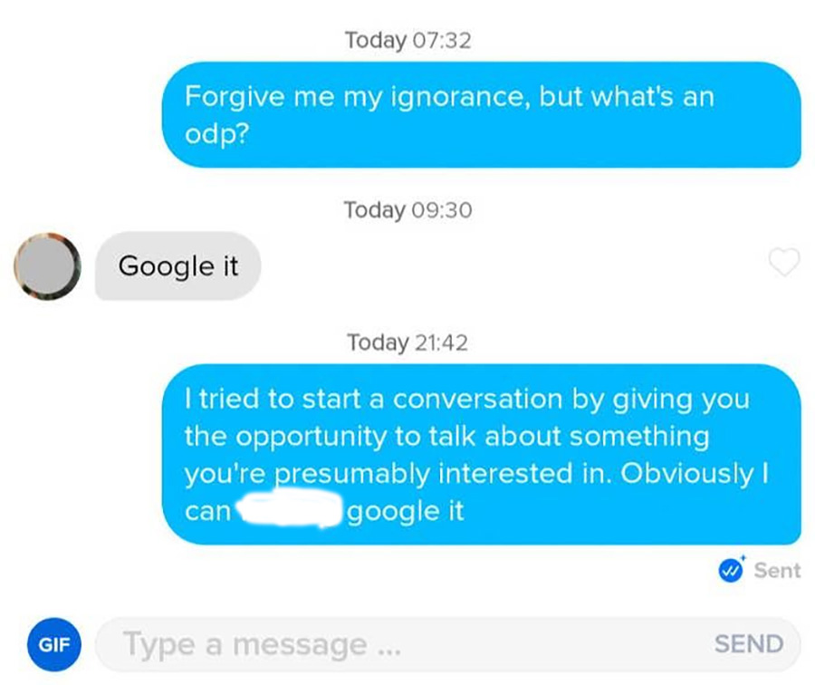 A chat conversation where one person asks, “Forgive me my ignorance, but what’s an odp?” The reply is “Google it.” The first person responds, explaining they were trying to start a conversation, not just get a definition.