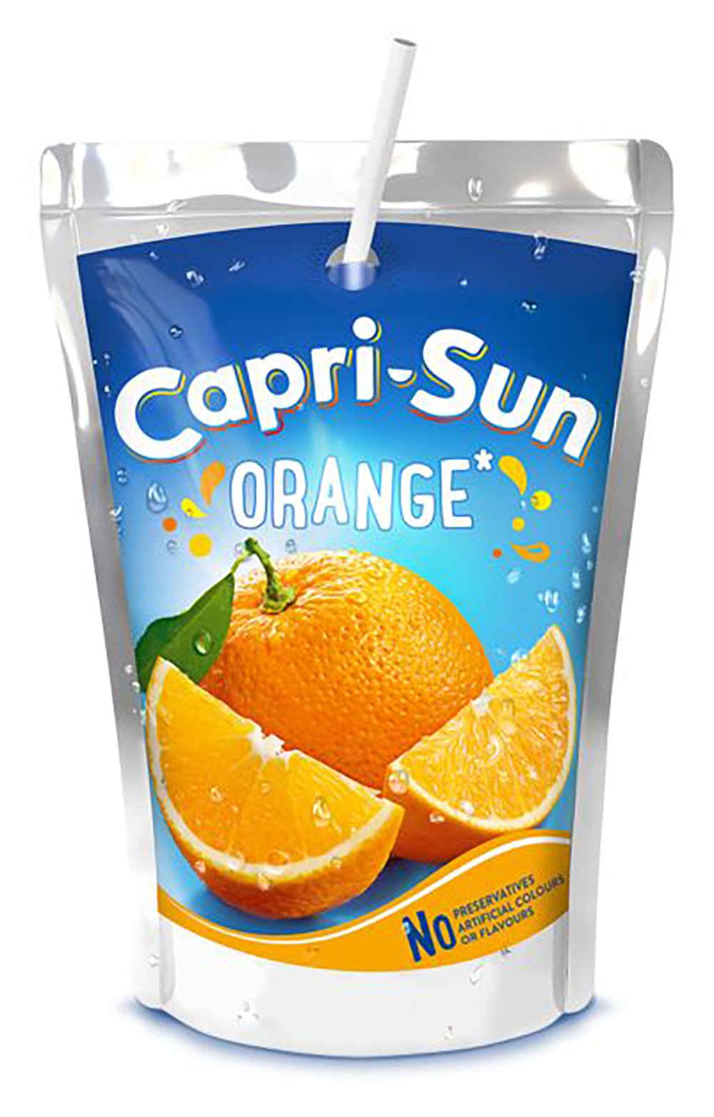 A pouch of Capri-Sun Orange drink with a straw inserted, featuring an image of a whole orange and orange slices on the packaging. Text reads "Capri-Sun Orange" and notes no preservatives, artificial colours, or flavours.