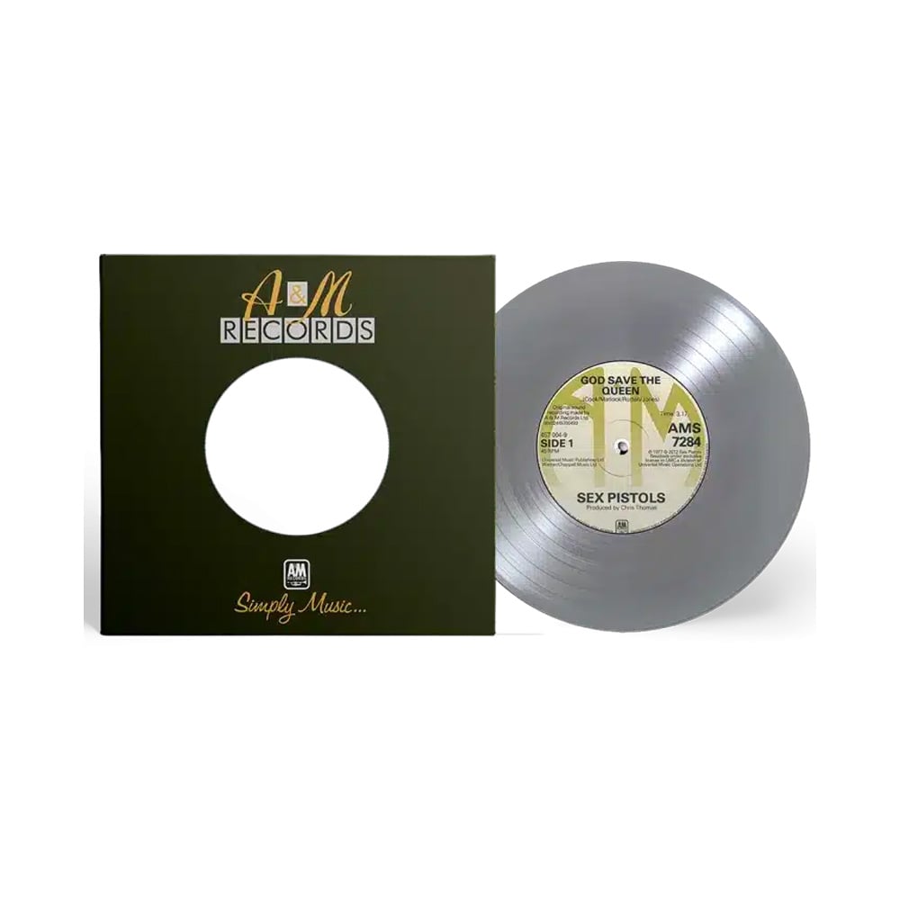 A transparent vinyl record labeled "Sex Pistols – God Save the Queen" sits beside a black A&M Records sleeve with a circular cutout and the text "Simply Music..." at the bottom.