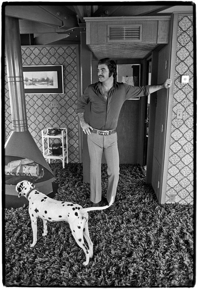 A man with a mustache stands in a retro-style room with patterned wallpaper and shag carpet, one hand on his hip and the other on a doorframe, while a Dalmatian stands nearby on the floor.