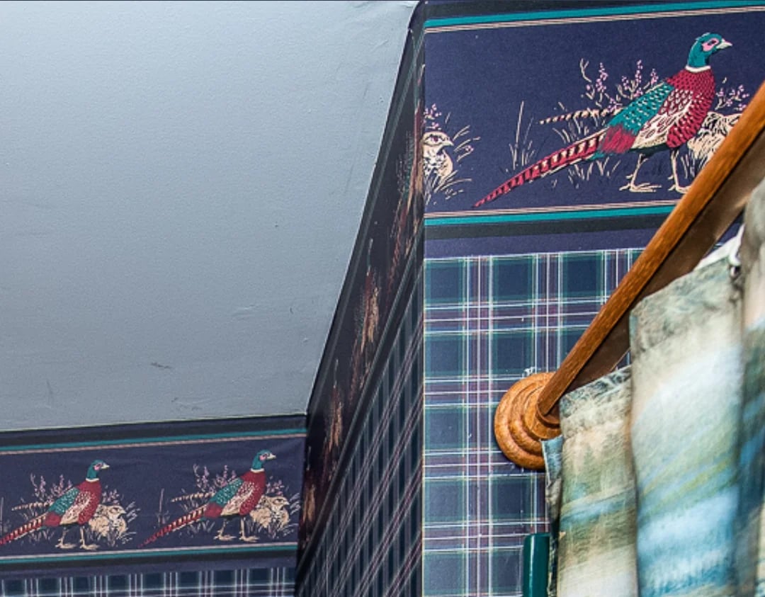 Wallpaper with a pattern of colorful pheasants and tall grass borders the top of a room with blue plaid walls; a wooden curtain rod and blue-green patterned curtain are partially visible.