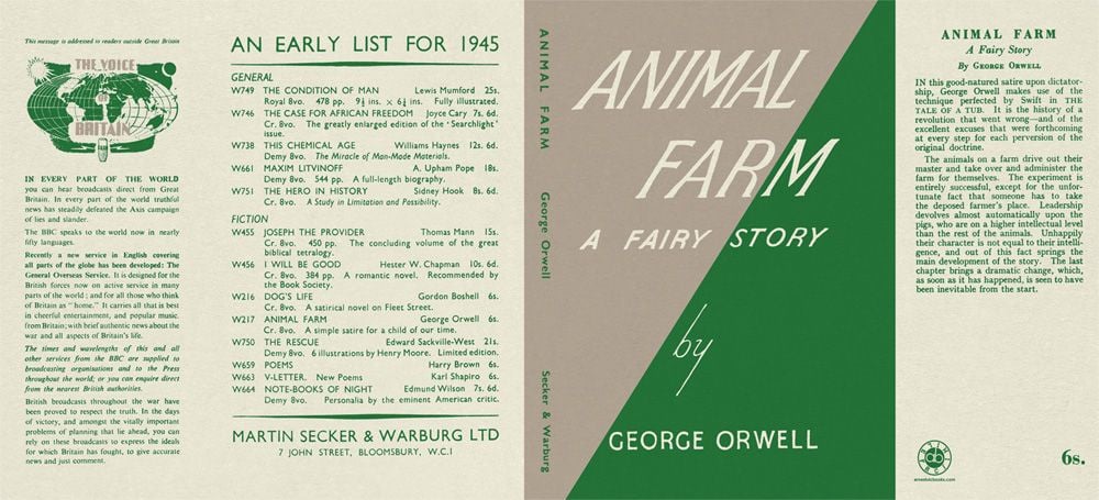 The front and back cover of the first edition of George Orwell’s “Animal Farm: A Fairy Story,” featuring green text on a beige background, with publication information and an early book list for 1945 on the left.