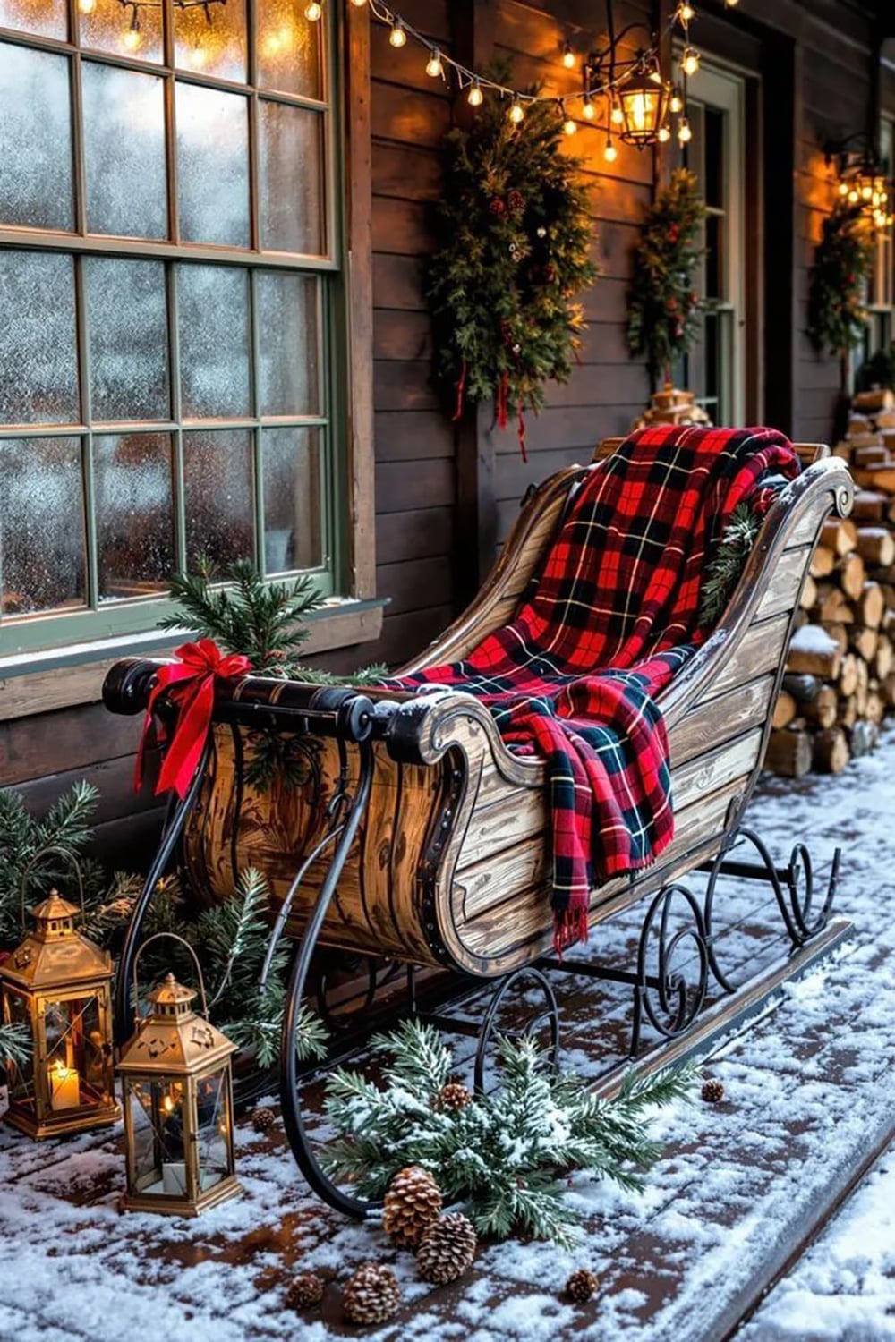 A wooden sleigh with a red plaid blanket sits on a snowy porch, surrounded by pine branches, pinecones, lanterns, and festive wreaths hanging on a rustic house with glowing lights.