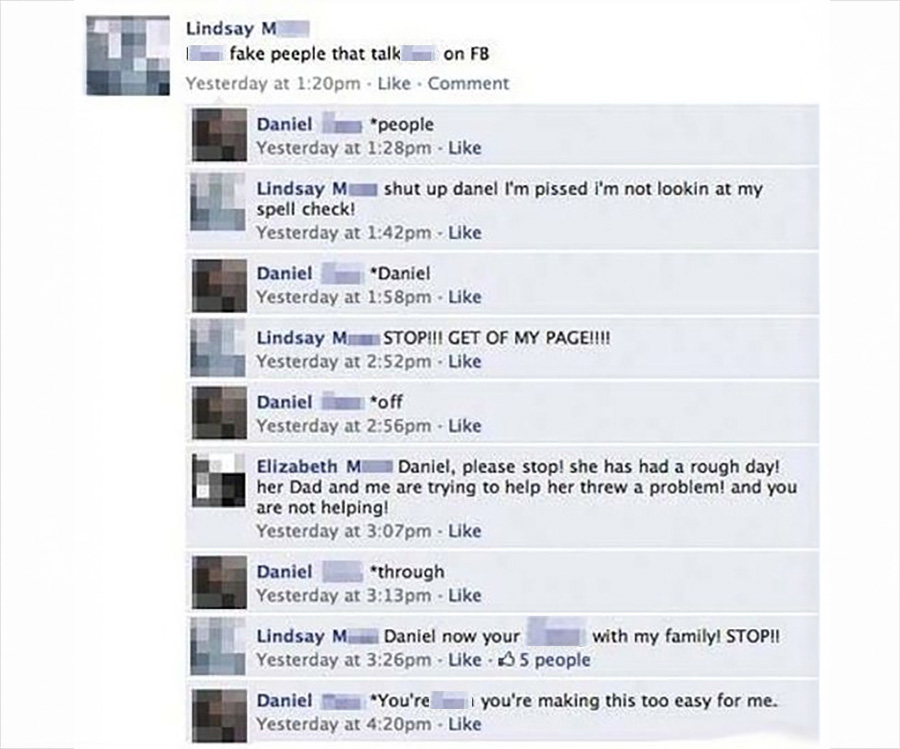 A Facebook comment thread shows a heated argument. Multiple users argue, correct each other's grammar, and a parent intervenes, asking them to stop as someone is having a bad day. The exchange continues despite the request.