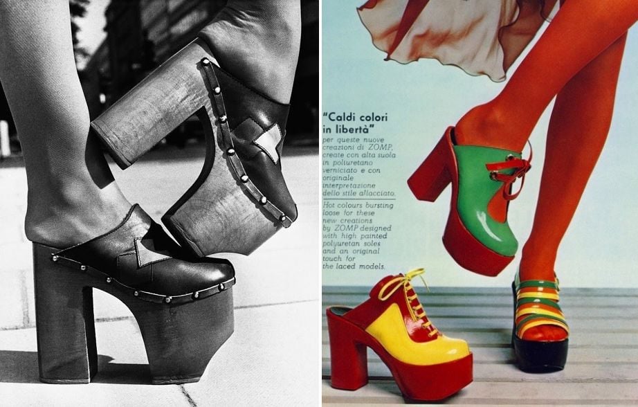 Split image: On the left, black-and-white photo of chunky, high wooden platform clogs with studs; on the right, colorful vintage platform shoes, including yellow, red, and green styles, worn by models.