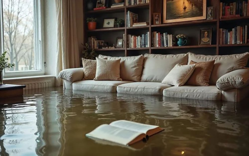 A living room with a beige sofa and bookshelves is flooded with water, and an open book floats on the water near the couch.