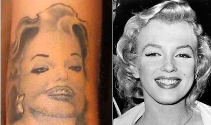 A side-by-side comparison of a famous black-and-white portrait of Marilyn Monroe and a distorted tattoo attempting to replicate her likeness. The tattooed version features exaggerated, unflattering facial features.