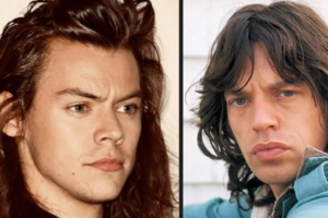 A split image shows two men with long, wavy brown hair and similar facial features. The left man wears a black shirt with a cream flower detail, while the right man wears a blue jacket and looks directly at the camera.