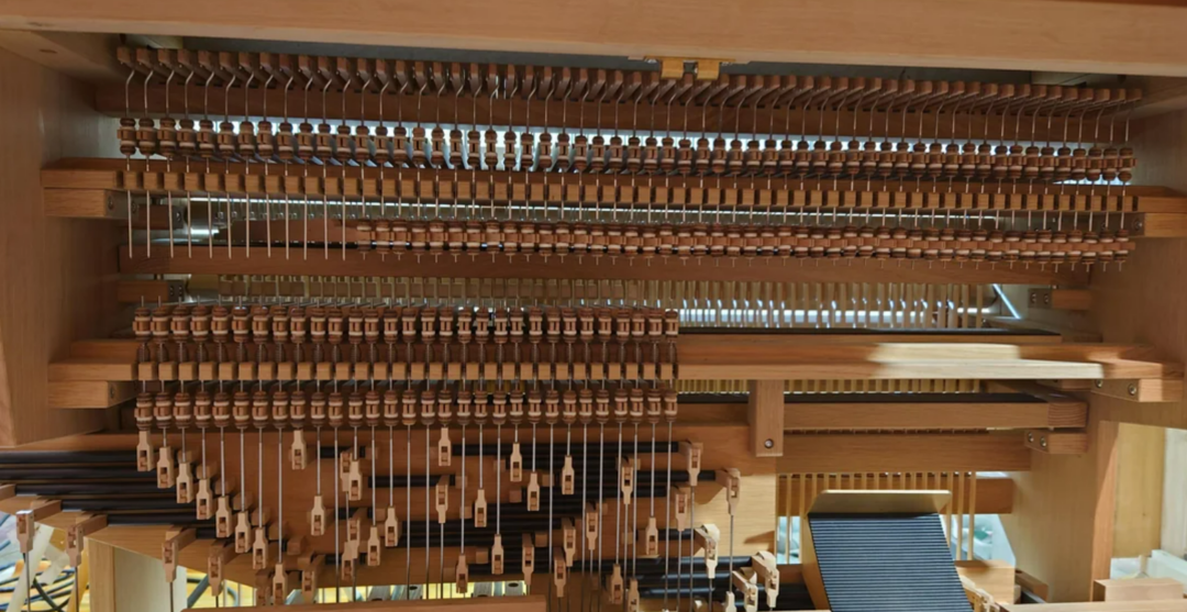 Close-up view of the intricate inner mechanism of a piano, showing wooden hammers, strings, and action parts, with various levers and components arranged in neat rows.