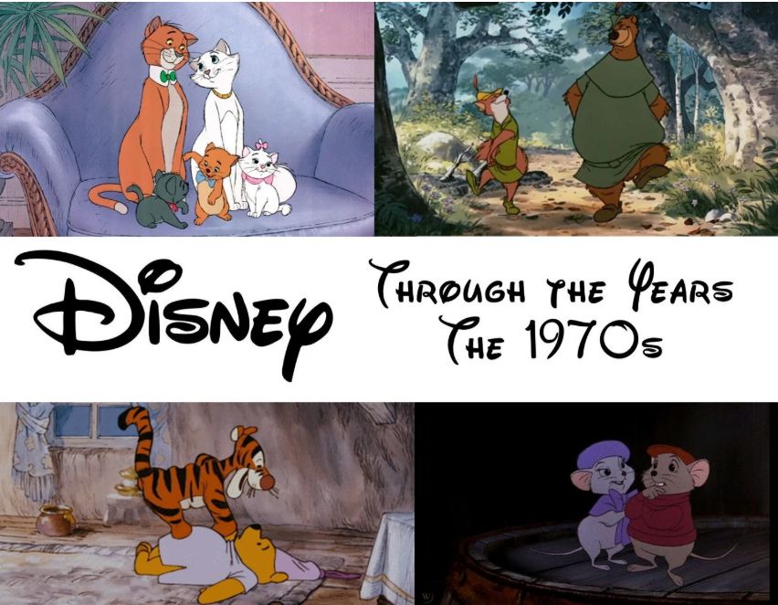 A collage of animated scenes from 1970s Disney films, featuring cats from "The Aristocats," Robin Hood, Winnie the Pooh with Tigger, and two mice from "The Rescuers," with the text "Disney Through the Years The 1970s.