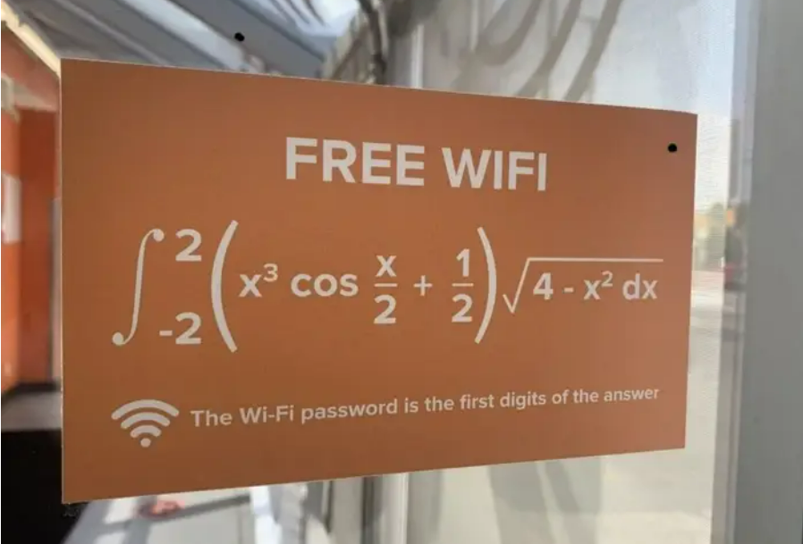 An orange sign reads "FREE WIFI" above a math integral. Below, it says, "The Wi-Fi password is the first digits of the answer," suggesting users must solve the equation to get the password.