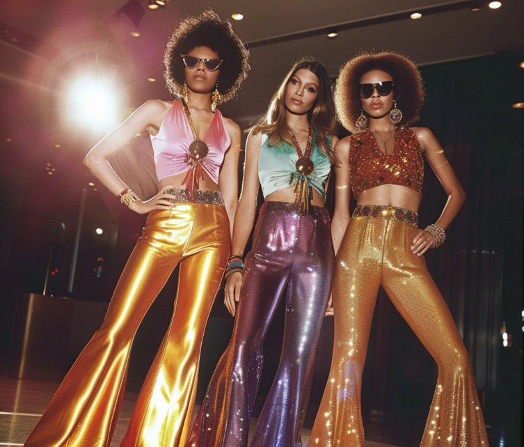 Three women in colorful, shiny flared pants and sequined tops pose confidently under bright lights, evoking a glamorous 1970s disco style. Each wears large sunglasses and bold jewelry, standing together in a stylish indoor setting.