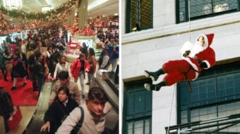 Split image: On the left, a crowded department store with Christmas decorations and shoppers. On the right, a person in a Santa suit rappelling down the side of a building.