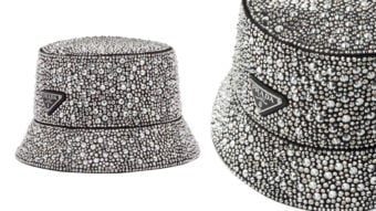 A Prada bucket hat covered in sparkling crystals, shown in full view on the left and a close-up detail of the crystals and Prada logo on the right. The hat has a luxurious, shiny appearance.