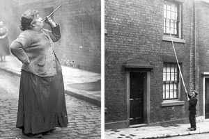 Two black-and-white photos: On the left, a woman uses a long tube to blow at a window; on the right, a boy uses a long stick to tap on an upper window of a brick building.