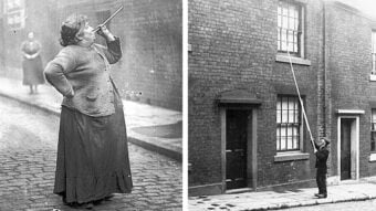 Two black-and-white photos: On the left, a woman uses a long tube to blow at a window; on the right, a boy uses a long stick to tap on an upper window of a brick building.