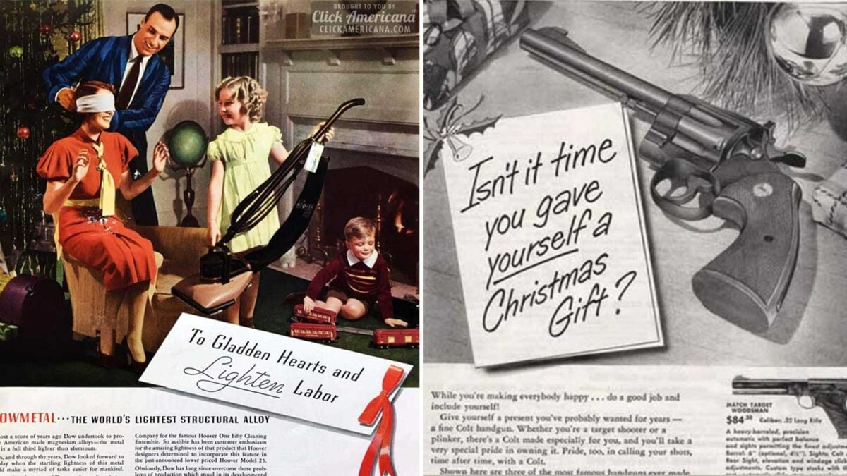 A vintage split-image ad: Left side shows a happy family giving a woman a vacuum cleaner for Christmas; right side displays a revolver with a card that reads, "Isn't it time you gave yourself a Christmas gift?