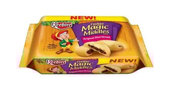 A package of Keebler Fudge Magic Middles Original Shortbread cookies, featuring an elf mascot, the cookies with a chocolate center, and a yellow banner reading "NEW!" across the top.