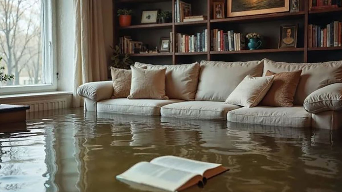 A living room with a beige sofa and bookshelves is flooded with water. An open book floats on the water near the sofa, and light streams in from a window on the left.