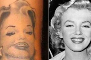 Side-by-side images: on the left, a distorted tattoo resembling a famous woman's face; on the right, a black-and-white photo of a smiling woman with wavy blonde hair.