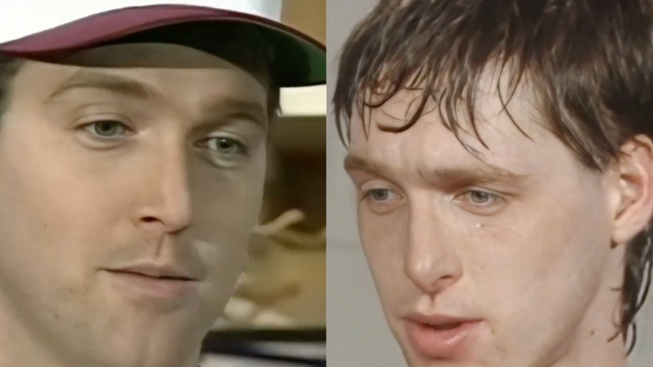 Split image showing two young men, each facing forward. The left man wears a white and red cap. The right man has wet hair and looks slightly downward. Both have neutral expressions.