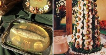 A split image shows, on the left, a whole fish encased in clear gelatin on a silver tray, and on the right, a tall tower of shrimp and olives skewered with parsley on a plate, both arranged as vintage party foods.