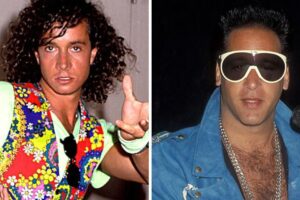 A split image shows two men: on the left, a man with curly hair wearing a brightly colored floral vest and a light green shirt; on the right, a man with slicked hair, white sunglasses, a blue jacket, and a silver chain necklace.