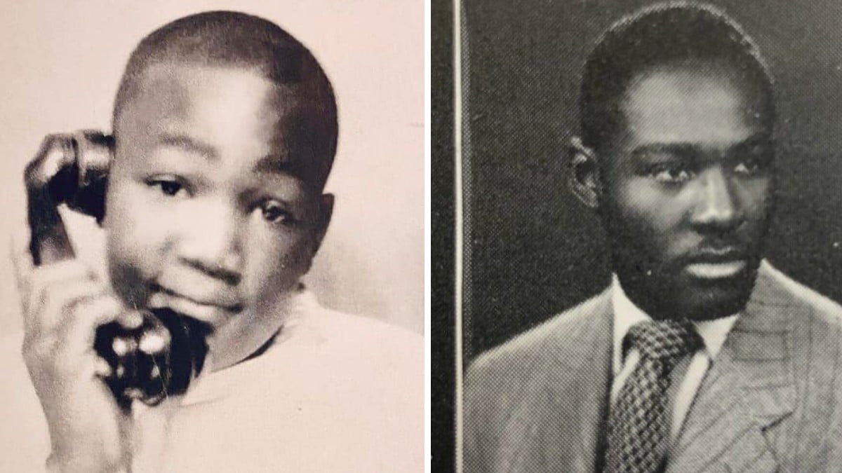 Side-by-side black and white photos: on the left, a young boy holds a telephone receiver to his ear; on the right, a young man in a suit and tie looks off to the side.