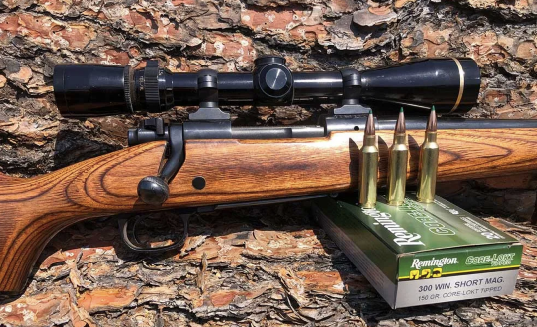 A bolt-action rifle with a wooden stock and scope rests against tree bark. Three rifle cartridges stand upright on a box labeled Remington Core-Lokt .300 Win. Short Mag., 150 GR Core-Lokt Tipped.