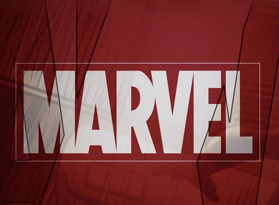 The image shows the word "MARVEL" in large, bold white letters centered against a red background with black lines and subtle abstract shapes.