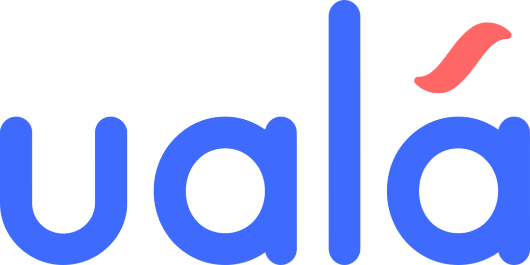 The image shows the Ualá logo with the word "ualá" in bold, rounded blue lowercase letters, and a pink accent mark above the letter "a" on the right. The background is white.