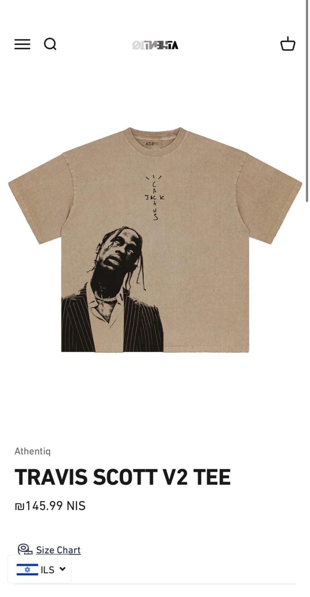 A beige T-shirt featuring a black-and-white portrait of Travis Scott in a suit, with stylized black text above his head. The shirt is displayed on a white background on a shopping website.