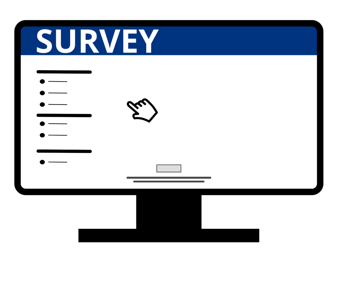 Illustration of a computer monitor displaying an online survey form with multiple choice questions, a hand cursor, and a blue header labeled "SURVEY.
