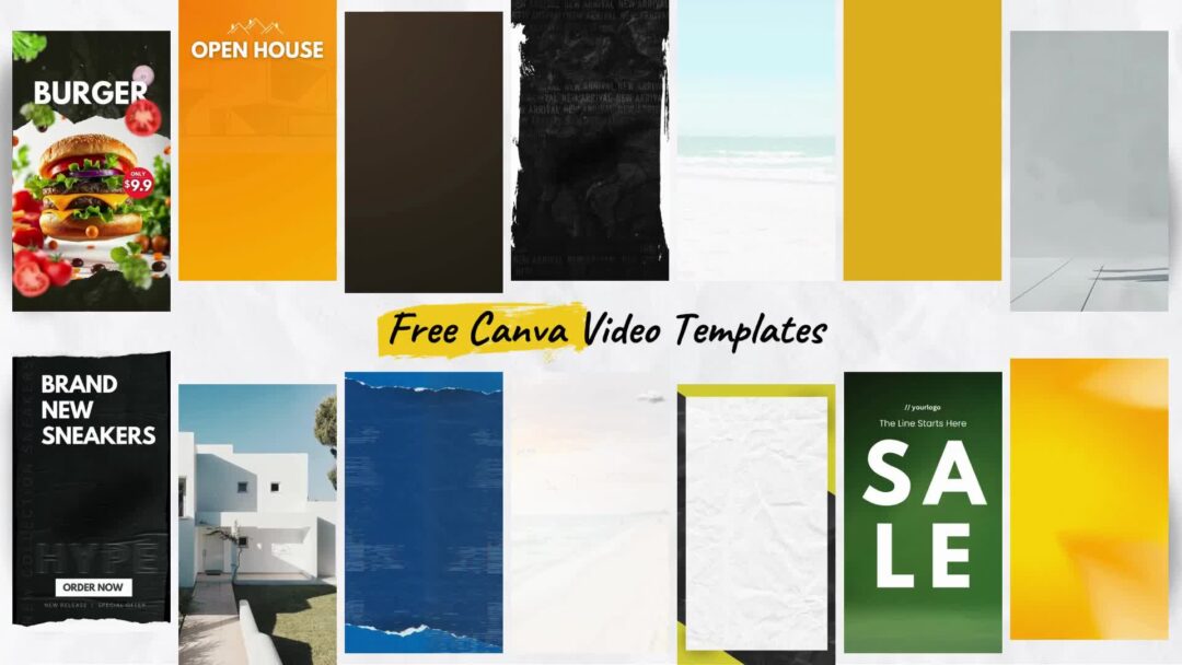 A collage of colorful video templates including ads for burgers, sneakers, open houses, travel, and sales. Text reads “Free Canva Video Templates” on a white background with yellow highlights.