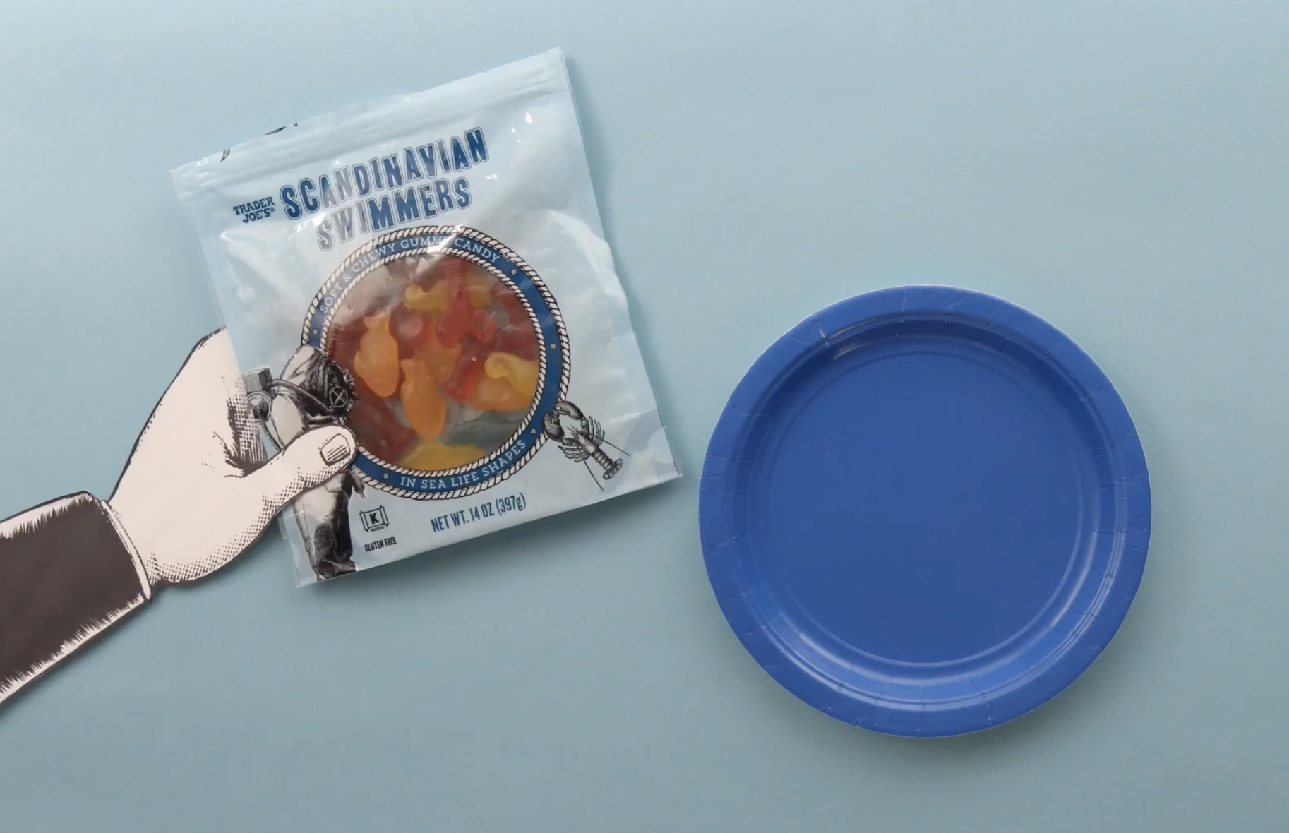 A cartoon hand holding a bag of Trader Joe’s Scandinavian Swimmers candy next to an empty blue paper plate.