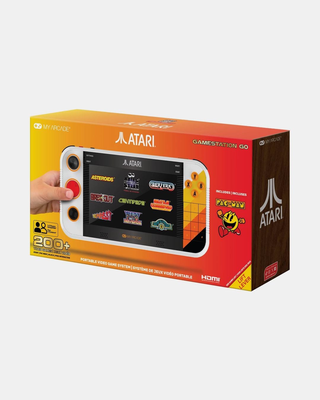 A retail box for the Atari Gamestation Go portable video game system, featuring a handheld console with a screen displaying classic Atari games, and promoting over 200 built-in games, HDMI support, and two included controllers.