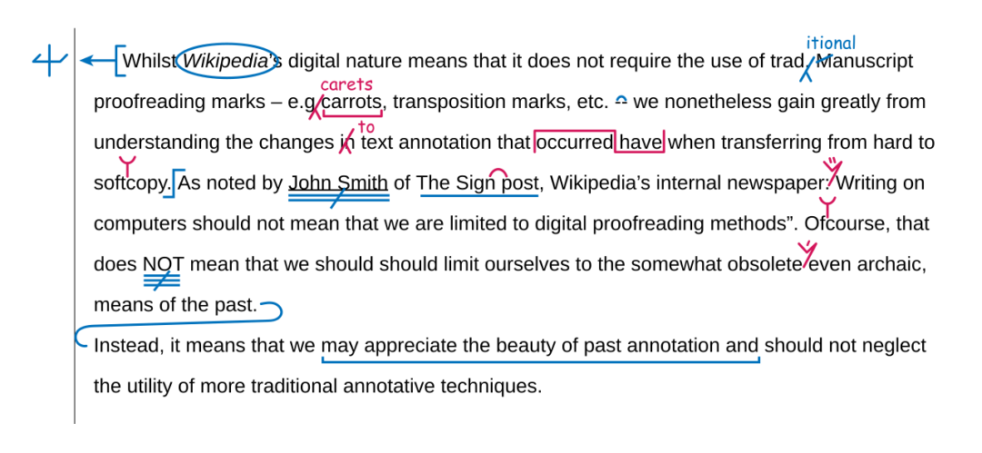 A marked-up text passage about Wikipedia’s digital nature, with handwritten edits, highlights, underlines, circles, and arrows pointing to words like "carrots," "occurred have," and "means of the past.