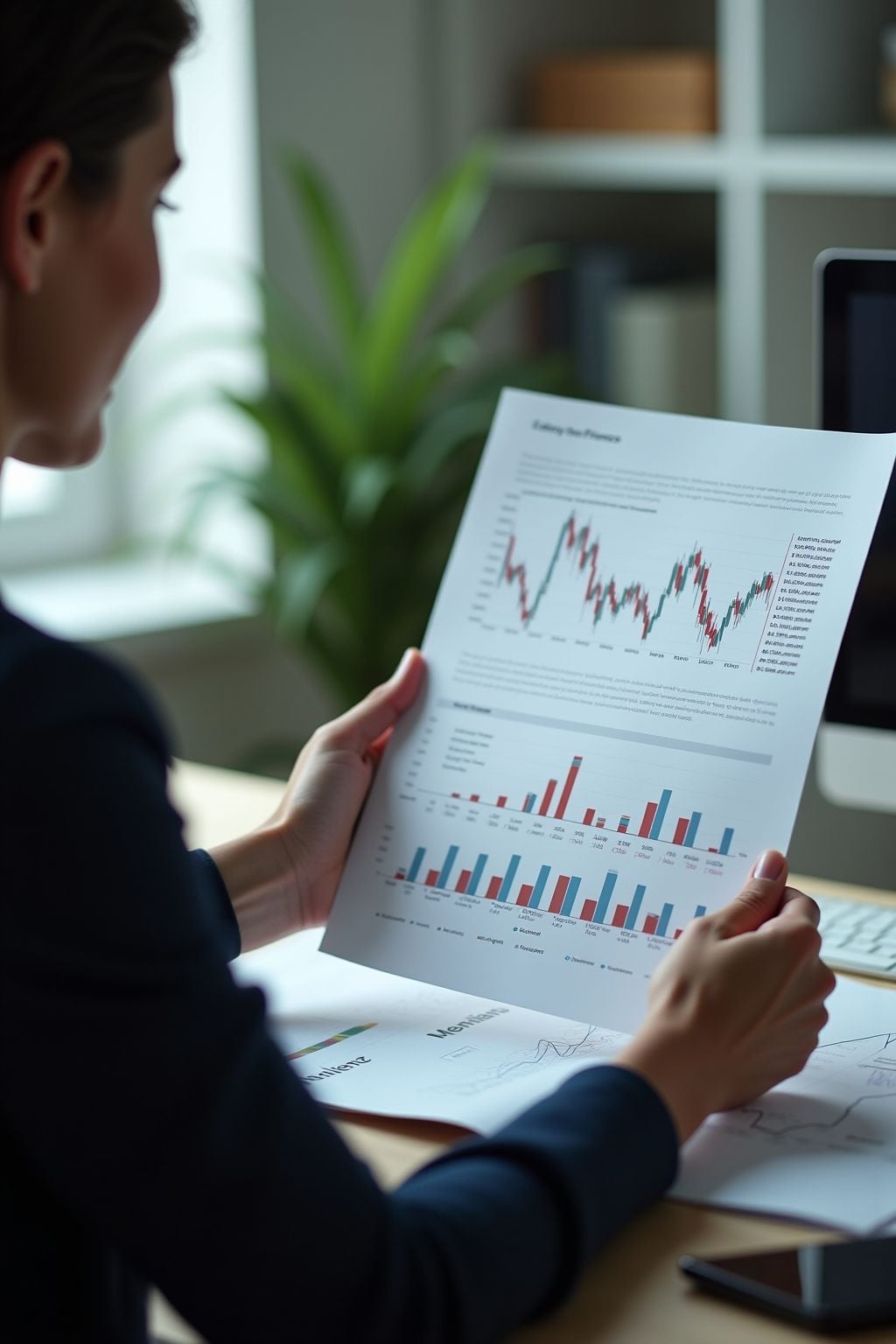 A person sits at a desk holding a paper with charts and graphs, including a line graph and bar charts, analyzing data. A computer monitor and plant are visible in the background.
