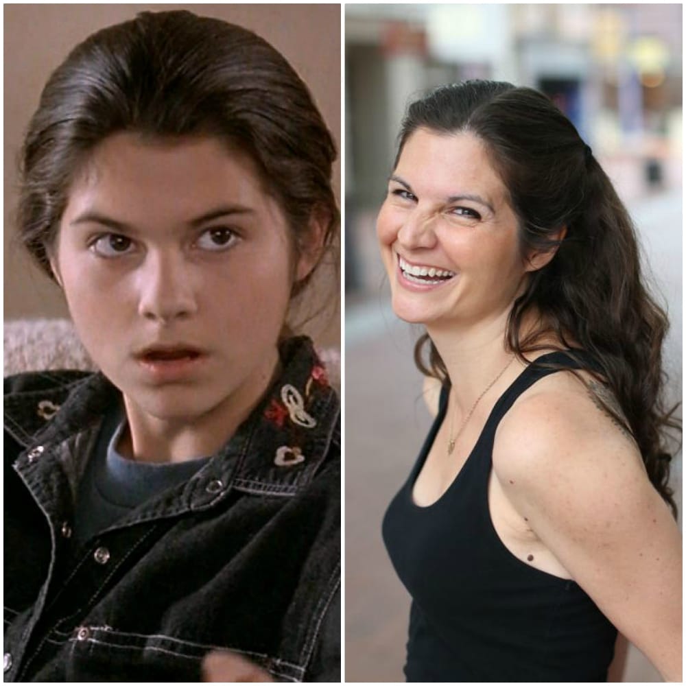 A side-by-side comparison shows a young woman with long dark hair in a denim jacket on the left and the same woman older, smiling and wearing a black tank top on the right.
