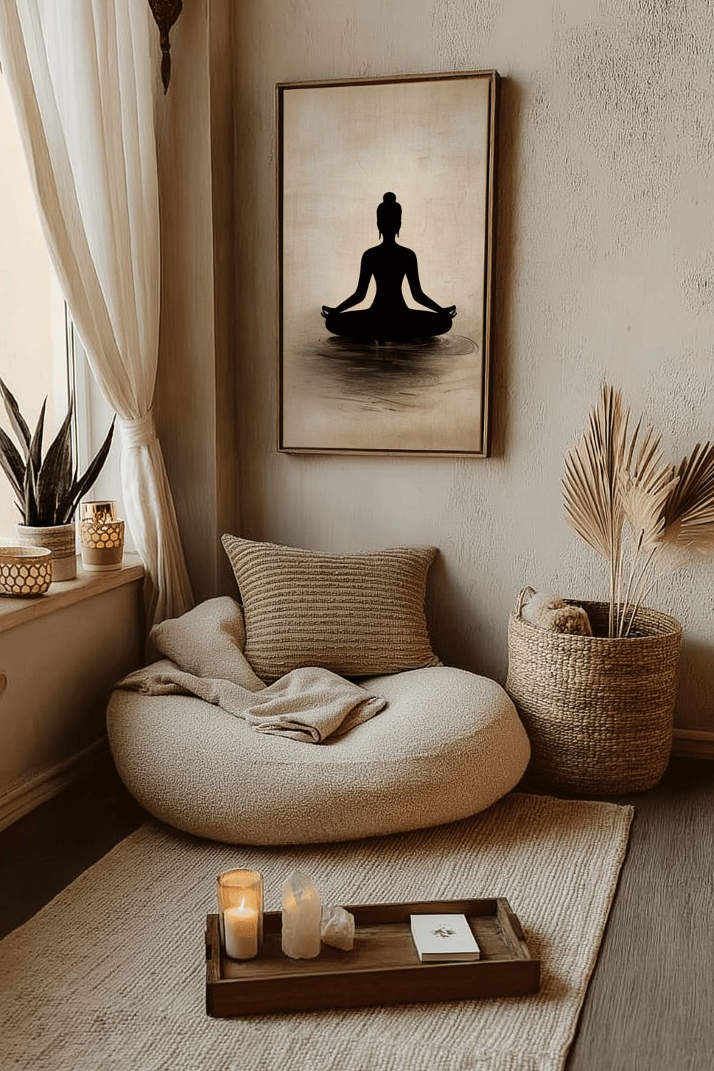 A cozy reading nook with a soft round chair, beige pillow, woven basket, candles on a tray, potted plants, and a framed artwork of a meditating figure on the wall, all in warm neutral tones.