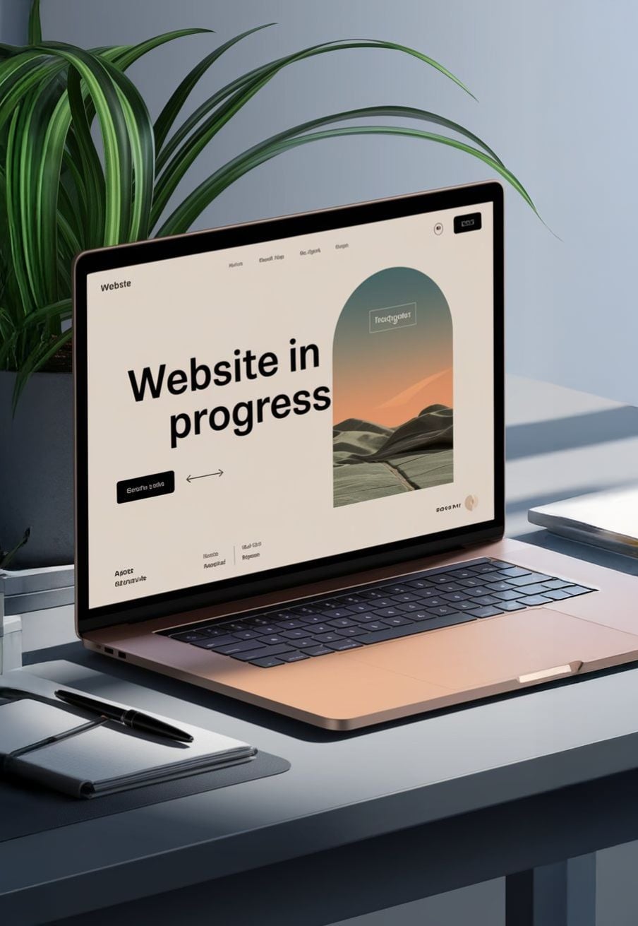 A laptop on a desk displays a webpage with the message “Website in progress” alongside a landscape image and navigation buttons. A potted plant and notebooks are nearby in a modern workspace.