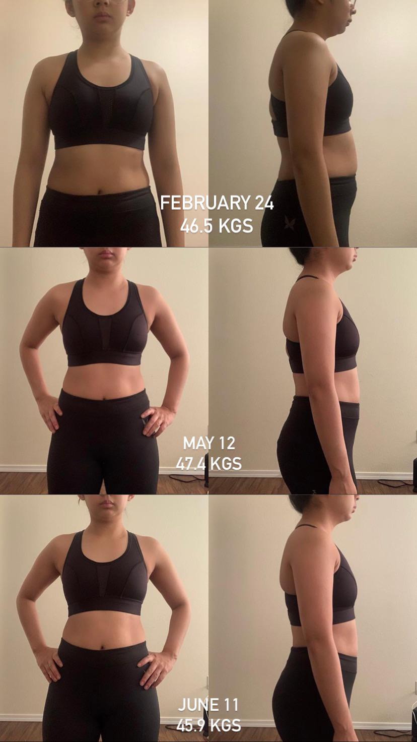 A woman in black athletic wear stands for front and side photos on three dates—February 24 (46.5 kg), May 12 (47.4 kg), and June 11 (45.9 kg)—showing changes in her body over time.